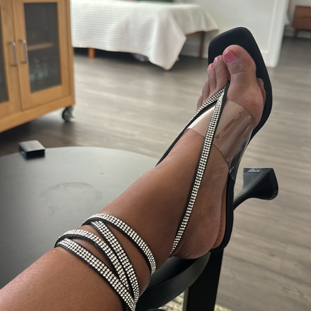 Black Strappy Jeweled Sandal Short Heel